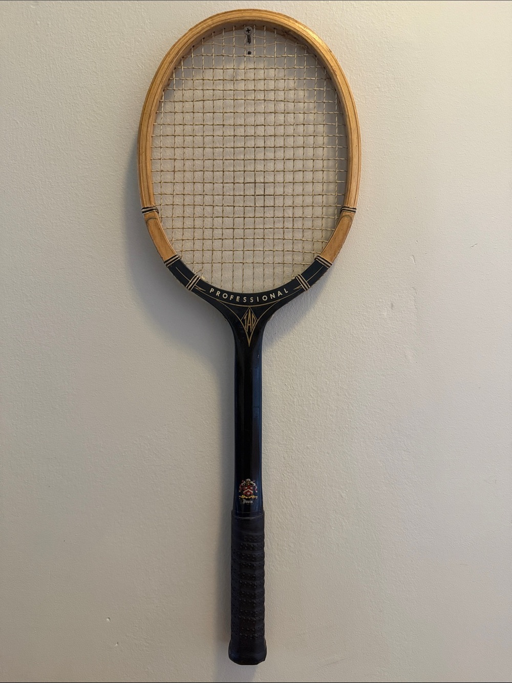 Vintage T. A. Davis Wooden Tennis Racket in Black and Natural Wood